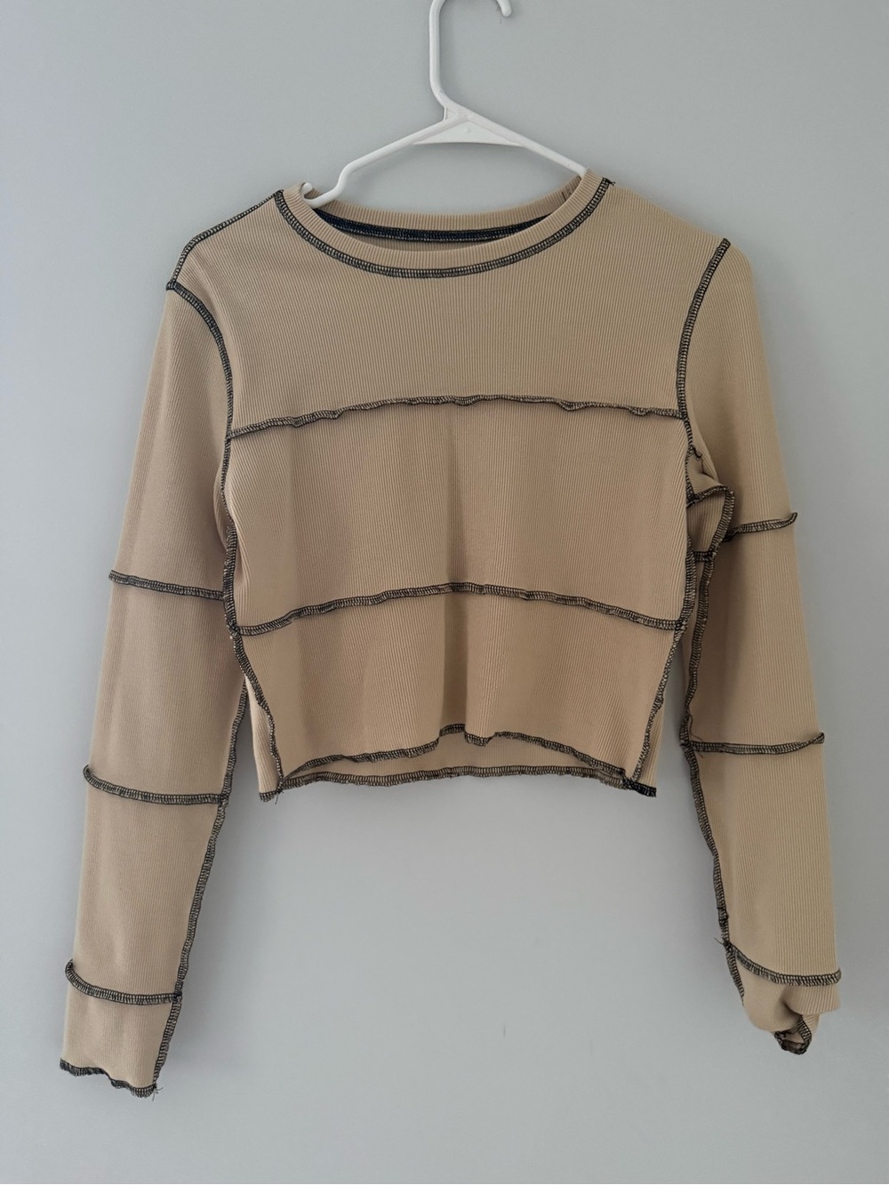Beige Long Sleeve Crop Top with Contrast Stitching